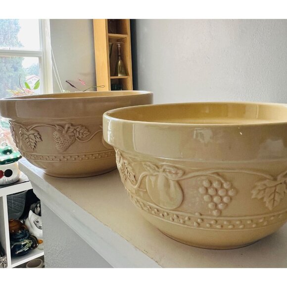 VINTAGE Stoneware Mixing Bowls Set of 2 (10" & 8") | Embossed Fruit Grapes Pear - Picture 7 of 8